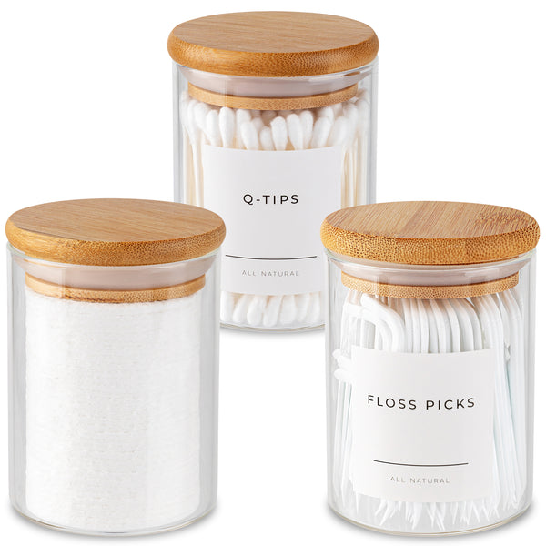 Mini Glass Apothecary Jars with Bamboo Lids, Set of 3, 10 oz
