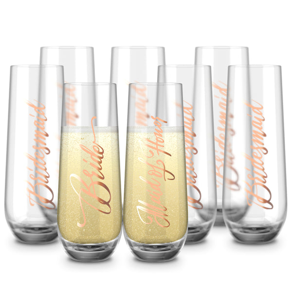 Set of 8 - Custom Bridal Party Stemless Champagne Flutes – Happily Ever  Etched