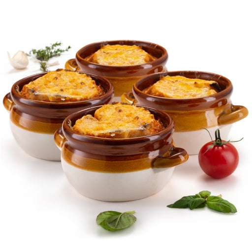 French Onion Soup Crocks with Lids, by Kook, Ceramic Bowls, Large Handles,  Dishwasher, Microwave, Oven & Broil Safe, Brown/White, Set of 4, 15 oz