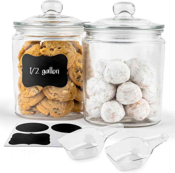 KooK Set of 2 Glass Storage Containers with Airtight Lids – Pantry & Bathroom Jars with Chalk & Labels