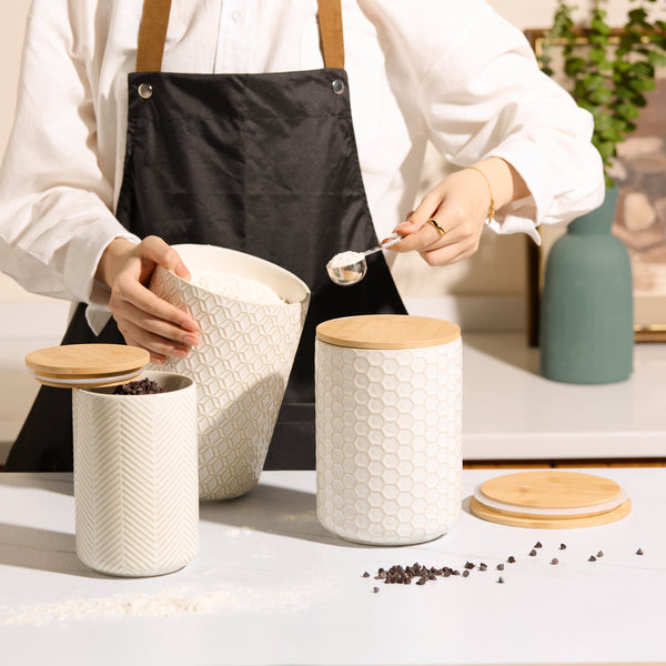 Embossed Ceramic Storage Containers - Set of 3 - Ivory – kook