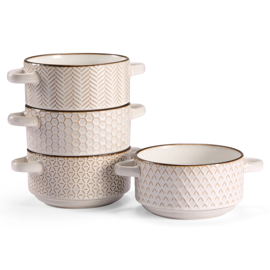 Ceramic Soup Bowls with Handles, 26.5 oz, Set of 4, Cream/Copper