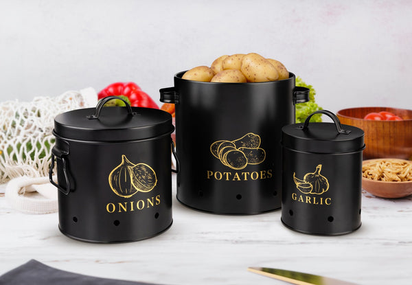 Potato, Onion & Garlic Kitchen Storage Canisters, Set of 3, Farmhouse Collection Black