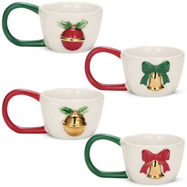 Christmas Mugs with Decorative Handles, Set of 4, Holiday Collection