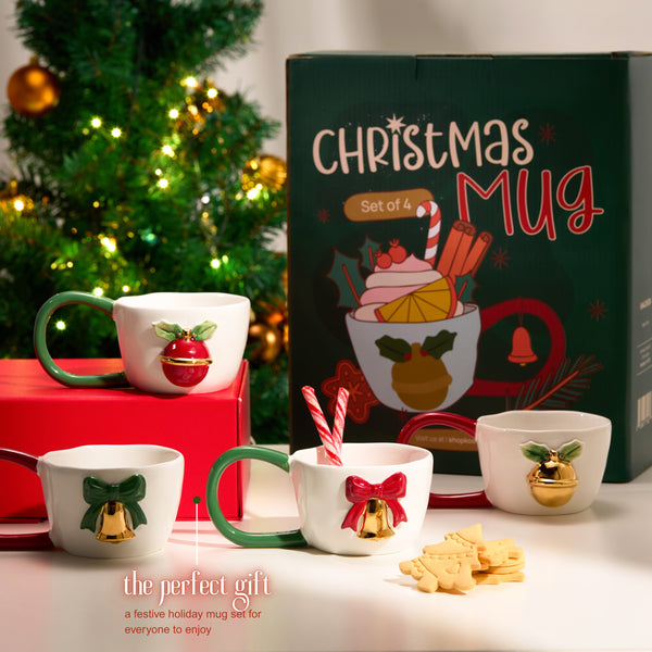 Christmas Mugs with Decorative Handles, Set of 4, Holiday Collection