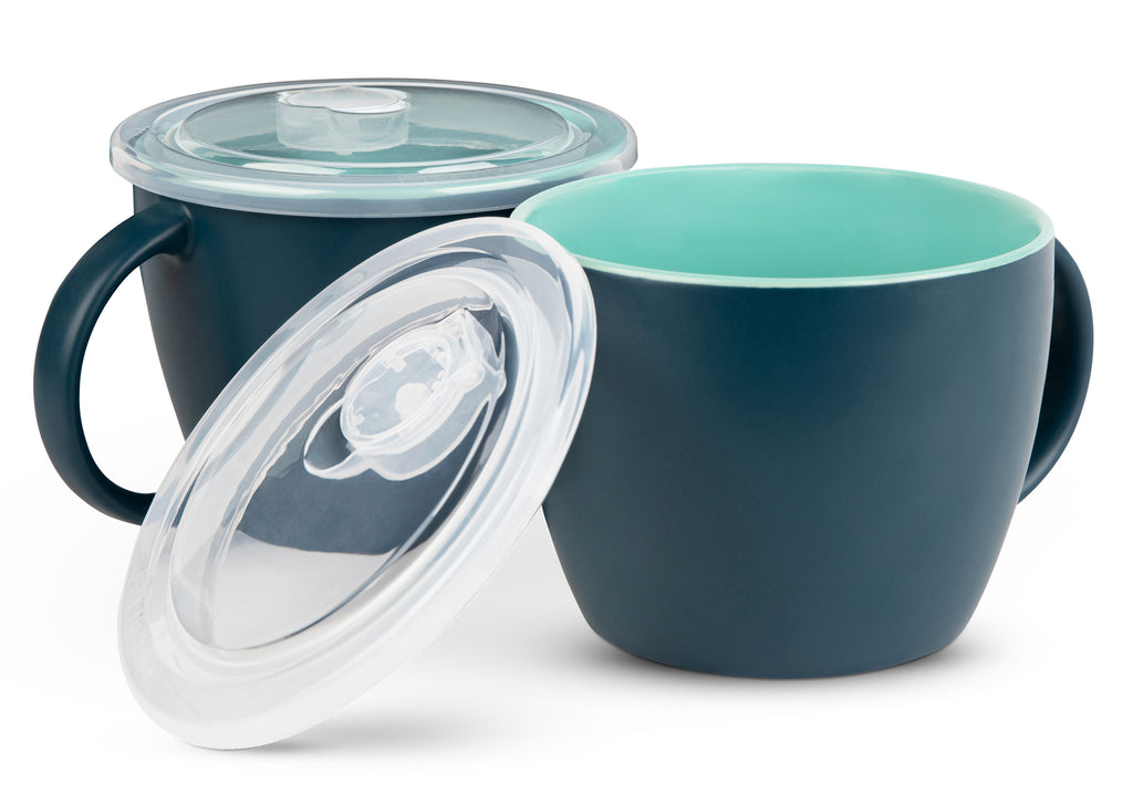 Kook Ceramic Soup Mugs, with Handle and Vented Plastic Lid, Set of 2, Blue