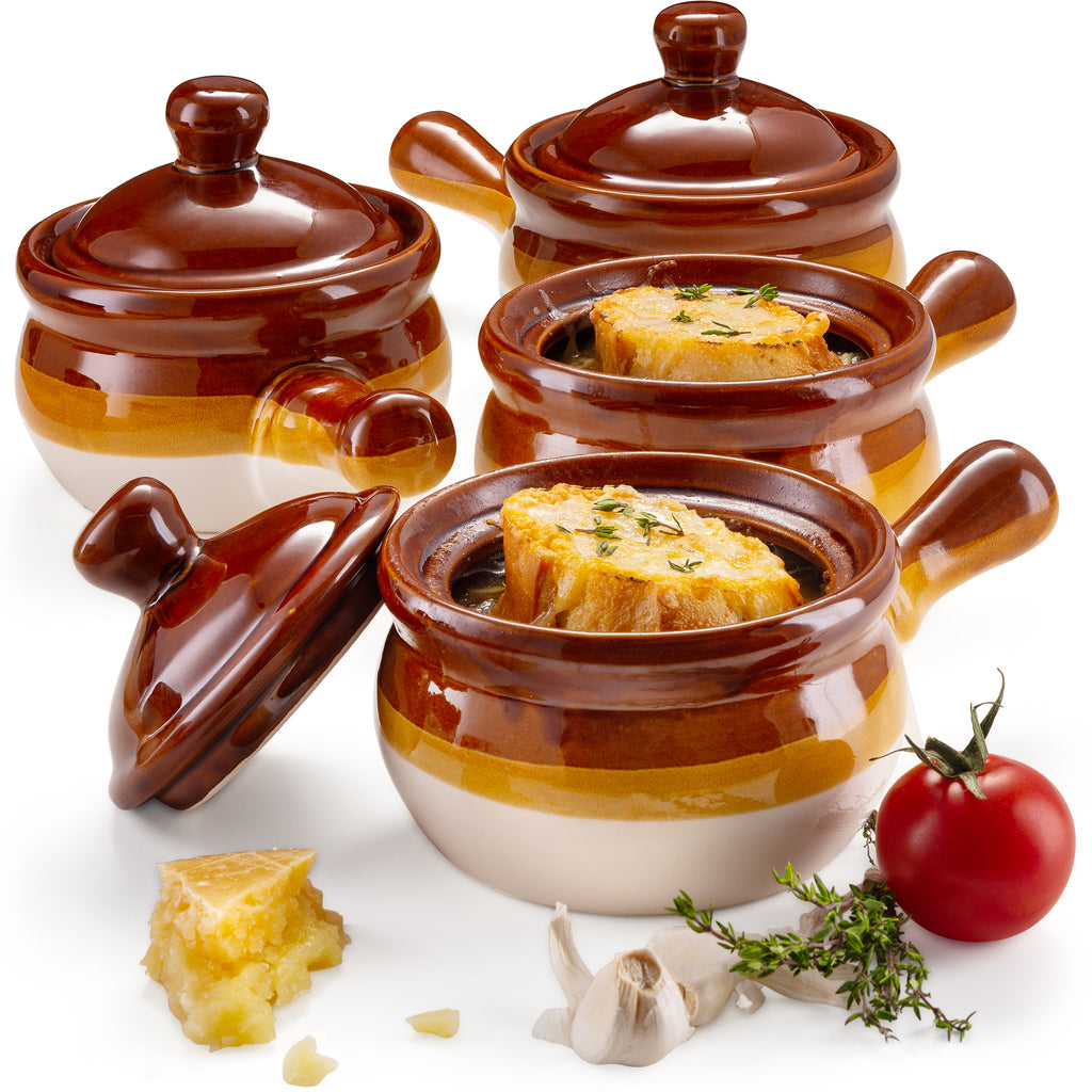 Stock Your Home French Onion Soup Crocks with Handles & Lids (4 Pack) - 15  Ounce Oven Safe Soup Bowls - Two-Toned Brown & Ivory Porcelain Soup Crocks
