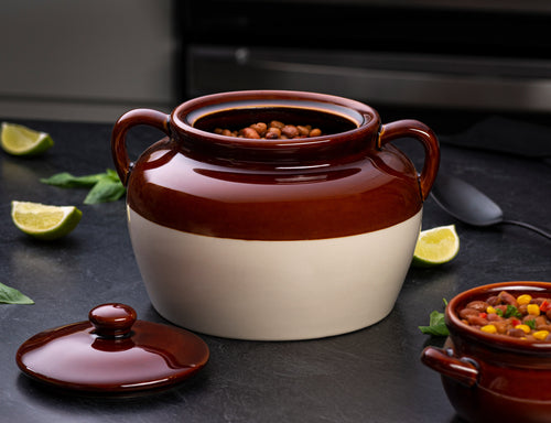 Antique Dark Brown Glazed Stoneware Baked Bean Pot Crock With Lid