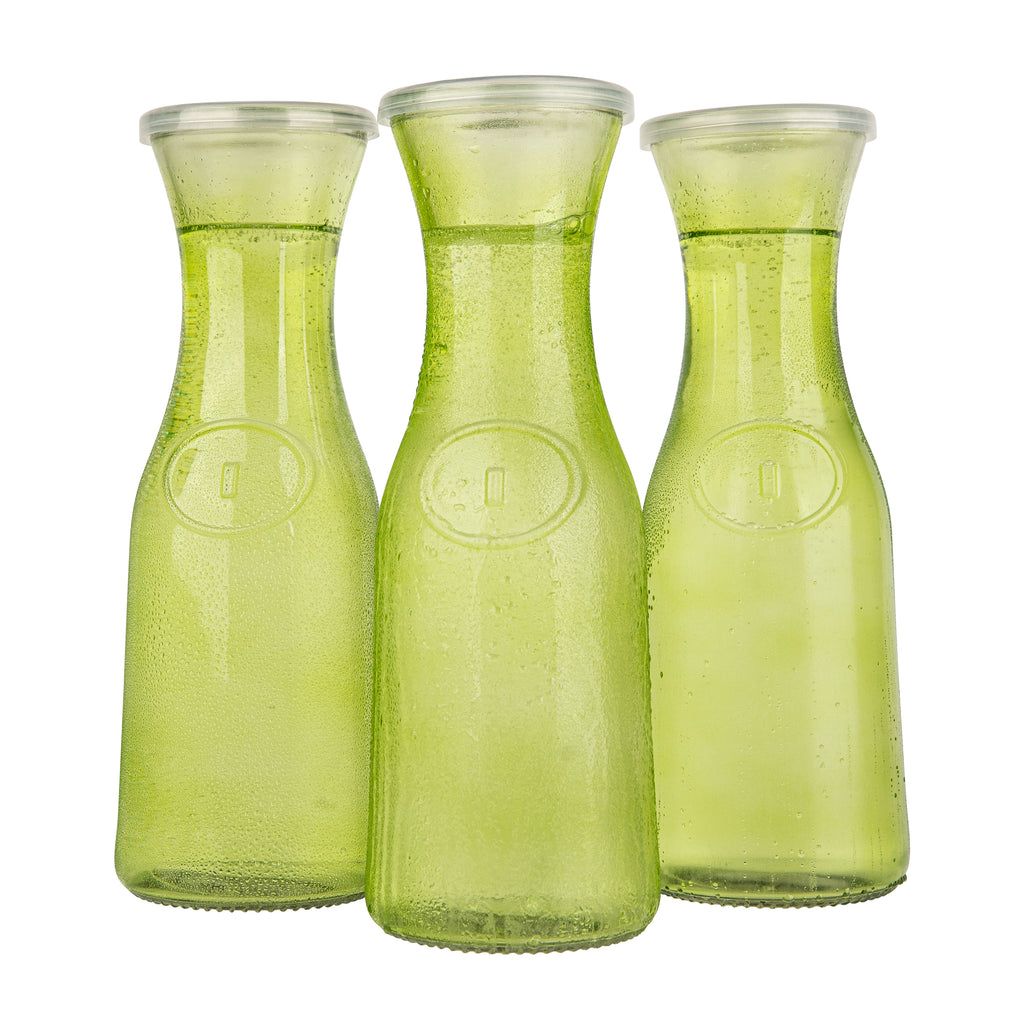 3-Piece Glass Carafe Set – 1 Liter Pitchers for Party – 10 Inch Tall Jugs–  Water or Milk Bottles